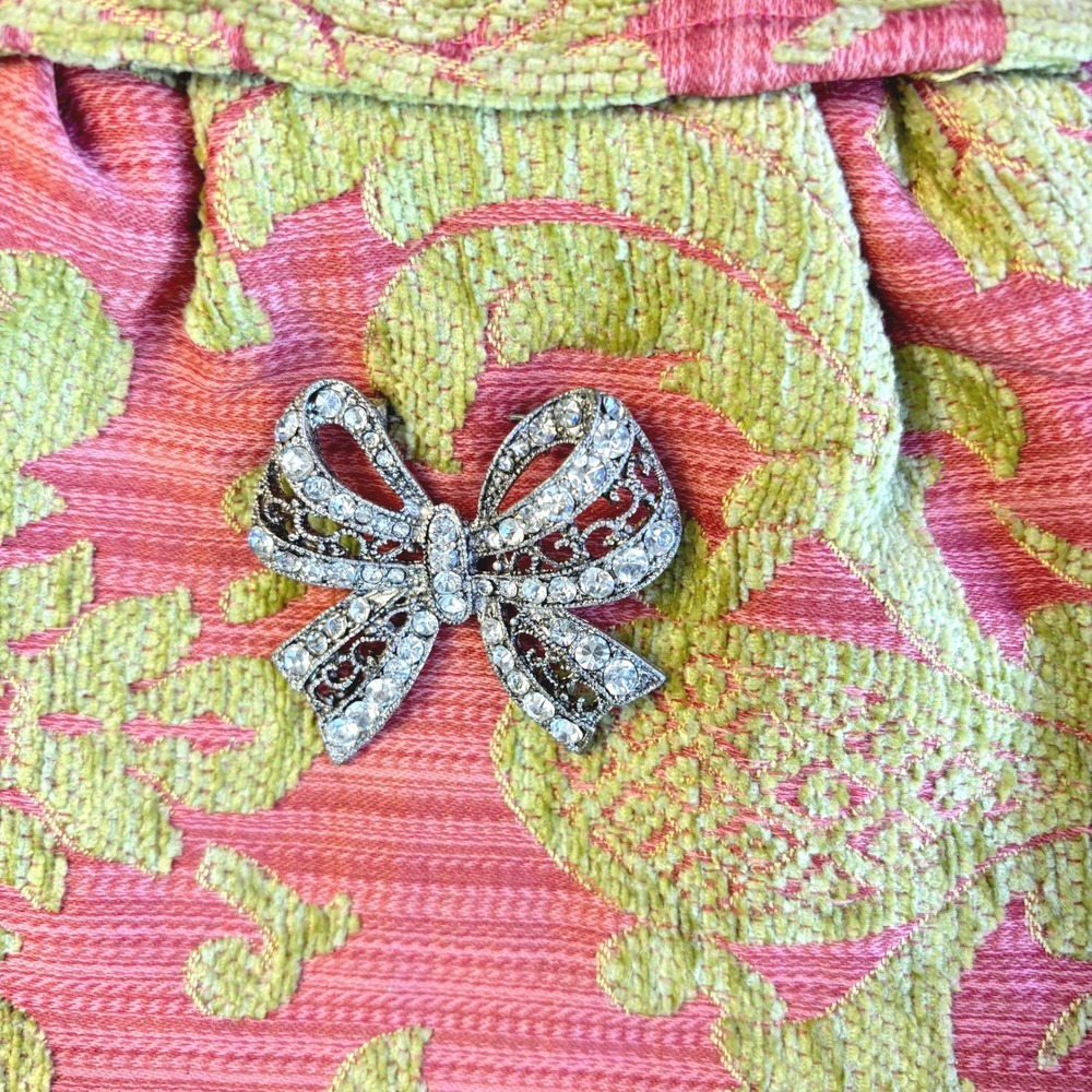 Vintage Kiss-Lock Purse S Pink Green Chenille Damask Rhinestone Bow Coquette Bag - Picture 5 of 13